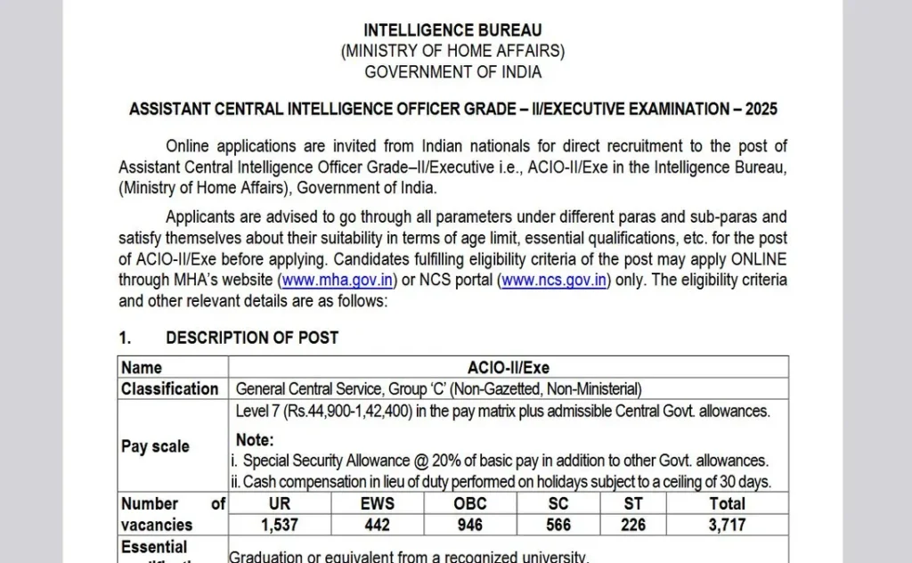 Intelligence Bureau ACIO Recruitment 2025 Notification